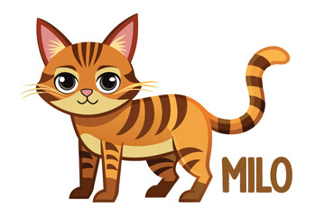 Cartoon Cat Illustration Featuring a Playful Feline with Orange Fur and Brown Stripes Named Milo on a White Backdrop