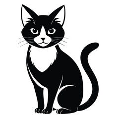 Elegant Black and White Cat Sitting Gracefully with a Curled Tail and Alert Expression, an Illustration of Feline Charm
