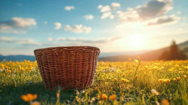 Empty wicker basket in sunny wildflower field during sunset