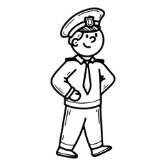 Policeman. Hand drawn doodle vector. Cartoon cute character. Man in uniform keeping order. Profession of protecting legal rights of citizens. Crime fighter. Illustration line art element.