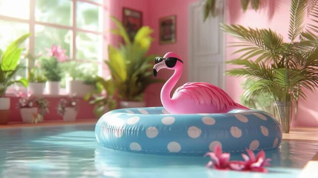 Pink flamingo float with sunglasses in sunny pool surrounded by lush greenery