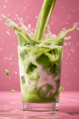 Iced matcha green tea with milk pouring into glass creating splash on pink background