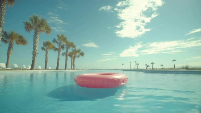 Pink inflatable ring in resort pool with palm trees and clear sky