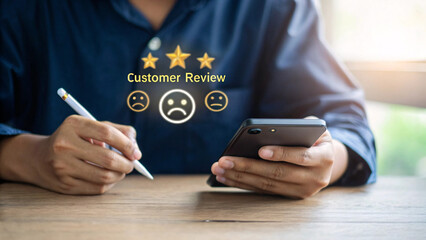 Customer giving a negative review with sad face emoji and stars on a phone screen isolated on white background