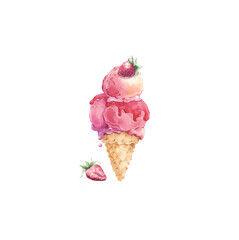 Ice cream scoop in a waffle cup with strawberries watercolor