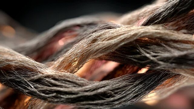 Macro Shot of Braided Rope Fibers with Golden Highlights, Close-up Texture of Intertwined Strands, Abstract Background for Design and Creative Projects
