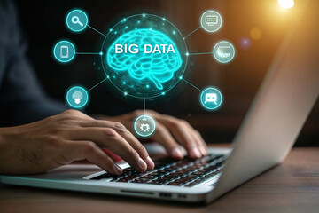 Person using laptop with big data concept and digital icons representing technology and information isolated on white background