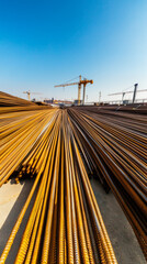 Large piles of rusted rebar highlight a busy construction site. Tower cranes stand tall against the clear blue sky.