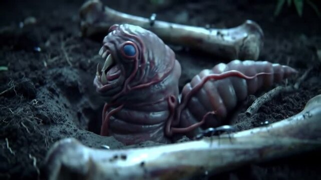 Giant worm-like monster crawls from earth at night, surrounded by bones, broken debris and twitching insects in grotesque display of horror