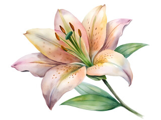 Fototapeta premium Peach and Cream Watercolor Lily Blossom with Green Leaves on Transparent Background, Watercolor Clipart Illustration With Isolated Background.