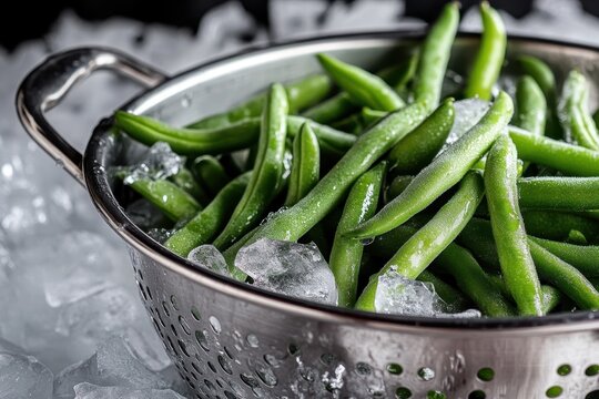 Chilled Green Beans: Freshly Blanched Vegetables Resting in a Colander on Ice Water