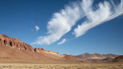 Fototapeta premium Dramatic red rock formations rise beneath a vibrant blue sky adorned with striking, wispy clouds in a vast, arid landscape