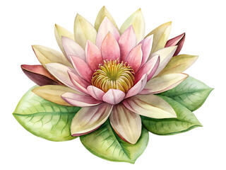 Pink and Yellow Water Lily Watercolor Painting with Green Leaves on Transparent Background, Watercolor Clipart Illustration With Isolated Background.