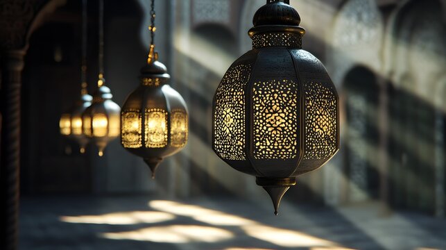 Photograph of ornate lanterns hanging in a dimly lit arched corridor, casting warm shadows. - Powered by Adobe