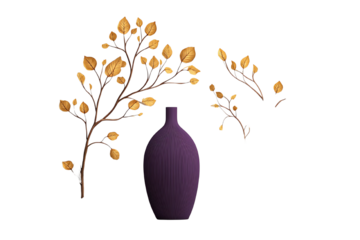 Elegant Decorative Vase PNG on Transparent Background Isolated Transparent A beautiful purple vase with decorative branches featuring golden leaves. PNG die-cut element for advertising