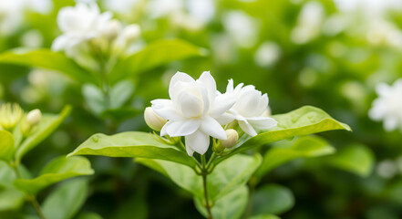 Fototapeta premium White jasmine blooms with leaves in garden, detailed macro shot with bokeh. Perfect for nature, tropical, and botanical backgrounds.