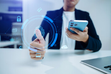 Digital banking, online marketing, Internet payment, personal financial data protection concept. Man scanning fingerprint via mobile banking app