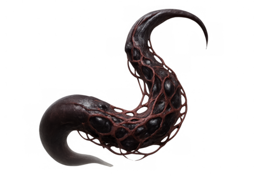 Slimy organic alien tentacle with complex veining, drifting across transparent backdrop, generating unsettling visual environment