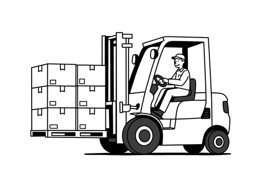 A forklift carrying boxes with a driver in a warehouse depicted in a black and white illustration