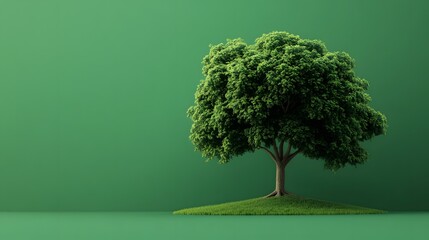 3D render of a lush green tree standing on a small grass-covered platform against a solid green background.