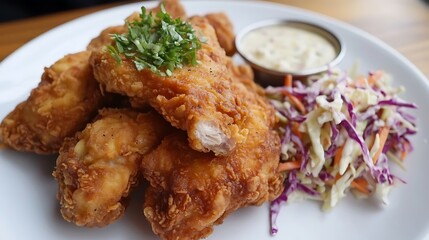 Crispy Fried Chicken Tenders with Creamy Sauce and Coleslaw