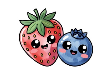 Obraz premium Kawaii Strawberry and Blueberry Illustration: Cute Fruit Clipart