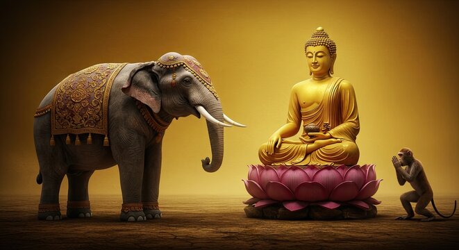 Golden Buddha statue on lotus elephant  monkey on a golden background