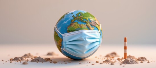 Globe wearing a mask, symbolizing health and environmental concerns.