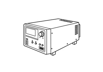 Obraz premium A line drawing of an electronic device with a screen, knob, and multiple ports on a white background