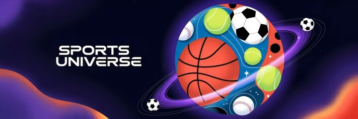 Cosmic illustration of planet made from sports balls with orbit ring