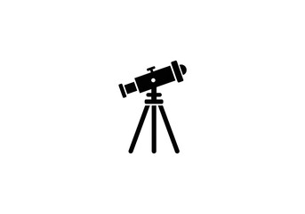 A simple black and white silhouette of a telescope on a tripod against a white background space scene