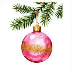 Pink Christmas ornament hanging from pine branch  