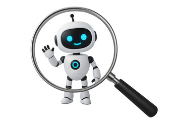3D AI Robot Character Magnified Through Glass Lens on Transparent Background - Futuristic Tech Inspection