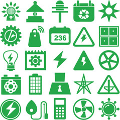 A collection of green icons representing technology energy and data management including calendars lightning bolts and gears