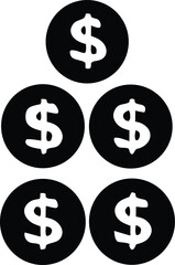 Five stylized white dollar signs are displayed within black circles arranged in a pyramid formation against a white background