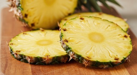 Sliced pineapples on a wooden cutting board