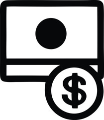 A minimalist black and white icon depicting a stylized dollar bill with a coin featuring the dollar sign