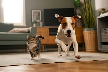 Playful Pets: Dog and Cat Running in Living Room - Perfect for Pet Adoption Campaigns, Animal Welfare Websites, and Pet Insurance Marketing