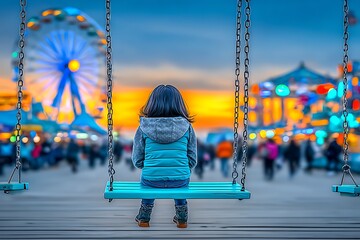 Child on swing, sunset carnival