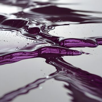A close-up abstract image of vibrant purple liquid splattered or spilled on a smooth, reflective surface, forming an intricate, branching pattern with numerous small droplets. The liquid appears visco