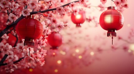 Fototapeta premium Digital illustration depicts red lanterns hanging amongst a profuse, pink cherry blossom tree with bokeh lights.