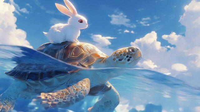 A whimsical white rabbit atop a sea turtle, under a vibrant sky