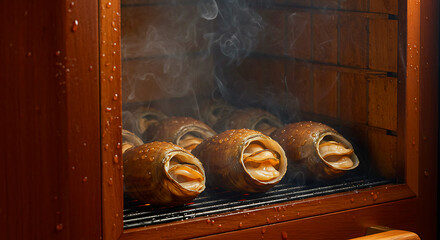 Canadian Smoked Clams. geoduck clams in smoking chamber, maple wood chips smoldering, visible moisture droplets on shells 