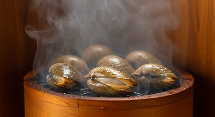Canadian Smoked Clams. geoduck clams in smoking chamber, maple wood chips smoldering, visible moisture droplets on shells 