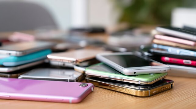 Smartphones piled on a wooden table in a bright room, showcasing various colors and designs during an organized tech review session
