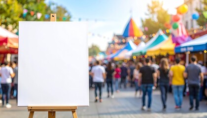 Fototapeta premium Blank canvas on wooden easel, a creative invitation on bustling city street