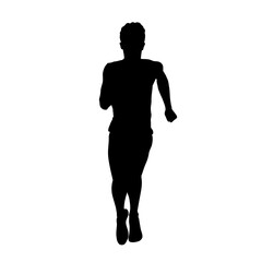Running man, front view, young adult athlete, isolated vector silhouette