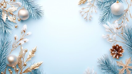 Pastel blue holiday backdrop highlighting golden, silver ornaments, glittering pine elements spreading seasonal cheer and warmth