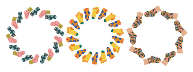 Vector set round frames with colorful socks. Flat hand drawn design isolated on white background.Fun and playful design, perfect for kids' prints, posters, packaging, cards, and seasonal decorations.