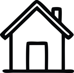 Simple black outline drawing of a house with a peaked roof and a rectangular door isolated on a white background